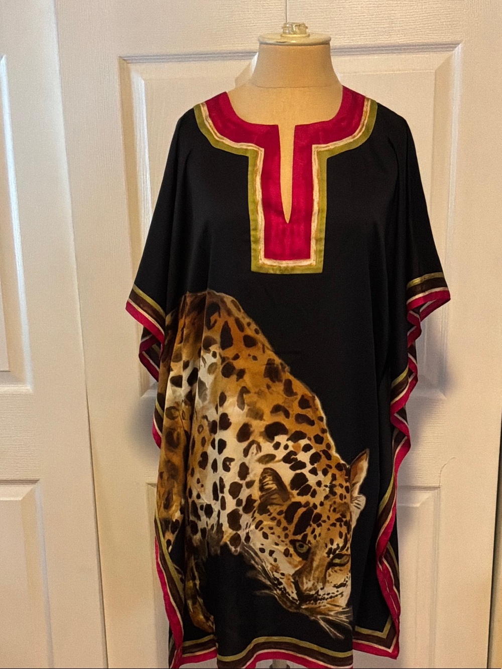 Trina Turk Black Swim Coverup with Leopard Print and Pink/Gold Trim